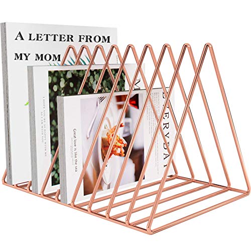 Files Folder Stand Desktop File Organizer, Triangle Wire Magazine Holder Book Shelf, 9 Slot File Sorter Eye-catching Decoration for Indoor Office Home, Photography Props, Fashion in INS (Rose Gold)