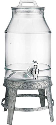 Classic Ice Cold Clear Glass Mason Jug Drink Beverage Dispenser Durable On Galvanized Stand 3 Gallon With Leak Free Spigot-Easy Filling For Outdoor, Parties & Daily Use Lid