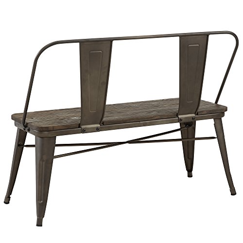 MyChicHome Rustic Industrial Metal & Solid Wood Bench with Back in Gunmetal