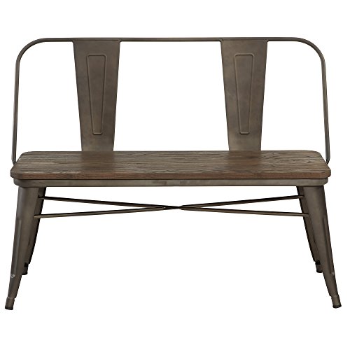 MyChicHome Rustic Industrial Metal & Solid Wood Bench with Back in Gunmetal