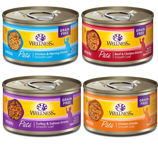 Wellness Natural Premium Canned Cat Wet Food Pate - 12 Pack Cans Variety Bundle Pack 4 Flavor - (Chicken,Beef, Salmon & Turkey) W/ HS Pet Food Bowl - (3 Ounce)