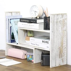 mygift adjustable whitewashed solid wood desktop storage organizer display shelf book rack, office desk bookshelf