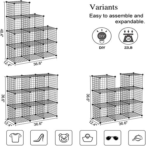 C&AHOME Wire Cube Storage, 9-Cube Organizer Metal, Wire C Grids Storage, Storage Bins Shelf, Modular Bookshelf, Closet Cabinet Ideal for Home, Living Room, Office 36.6”L x 12.4”W x 48.4”H Black