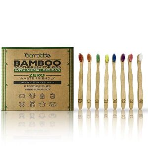 bamdable bamboo wood toothbrush with animal designs | pack of 8 | eco-friendly | soft colorful bristles for kids