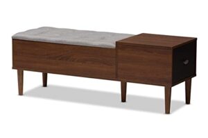 baxton studio merrick bench shoe rack cabinet brown//medium wood/mid-century/fabric polyester 100%"/engineered wood/faux wood veneer/powder coated vinyl (legs)/foam