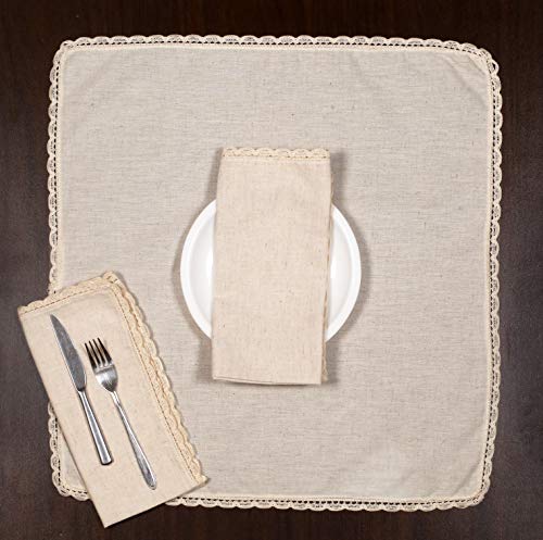 Ramanta Home Cloth Dinner Napkins in Cotton Flax Fabric with Lace & Tailored Mitered Corner Finish Size 20x20 inch Set of 12