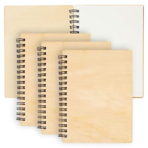 4 pack wooden cover notebook, spiral bound unruled plain diy craft journal for students, sketches, writing, arts and crafts, note taking, 20 sheets each (4.5 x 5.8 inches)
