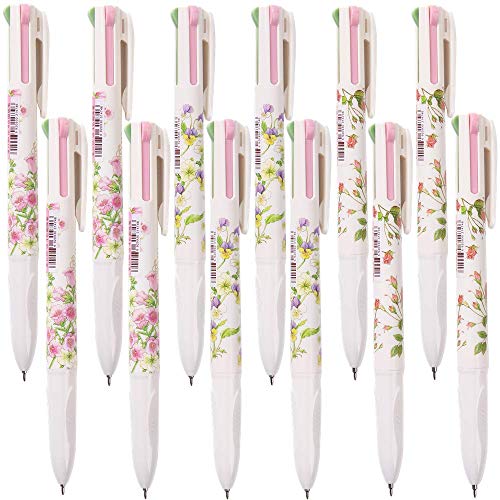 Shulaner Multi Colored Ballpoint Pens 0.5mm 4 Color Ink in One Ballpoint Pen Pure and Fresh Flower Pens Pack of 12