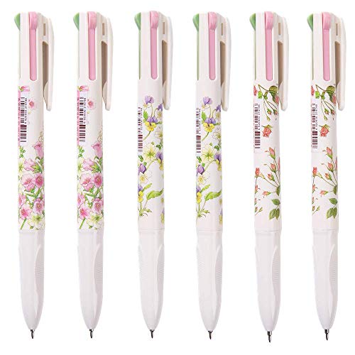 Shulaner Multi Colored Ballpoint Pens 0.5mm 4 Color Ink in One Ballpoint Pen Pure and Fresh Flower Pens Pack of 12