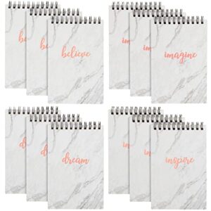 paper junkie 12-pack small spiral bound motivational notebooks, 4x6-inch bulk marble pink note pads, 50 sheets each, inspirational notepads, imagine, believe, inspire, dream cover designs
