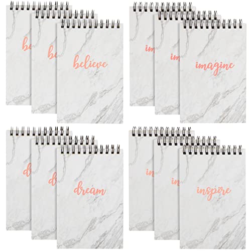 Paper Junkie 12-Pack Small Spiral Bound Motivational Notebooks, 4x6-Inch Bulk Marble Pink Note Pads, 50 Sheets Each, Inspirational Notepads, Imagine, Believe, Inspire, Dream Cover Designs