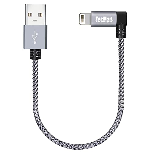 TecMad Short iPhone Charging Cable [C89 Apple MFi Certified] 90 Degree Lightning Cable, Nylon Braided Data Sync Cord for iPhone 14/13/12/11 Pro Max/XS MAX/XR/XS/X/8/7/Plus/6S/6/iPad and More - 0.65ft