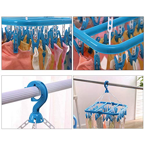 SteelFever Foldable Clip and Drip Hanger with 32 Clips - Hanging Drying Rack (Blue)