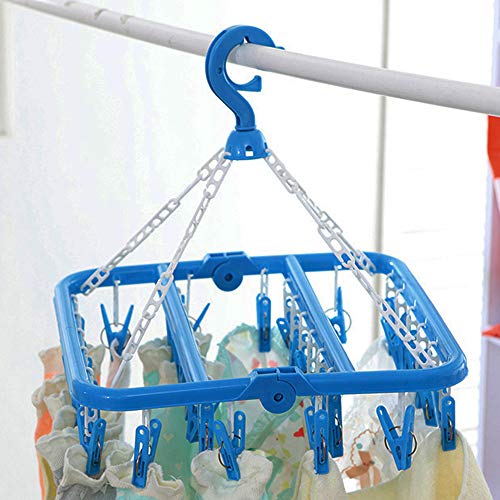 SteelFever Foldable Clip and Drip Hanger with 32 Clips - Hanging Drying Rack (Blue)