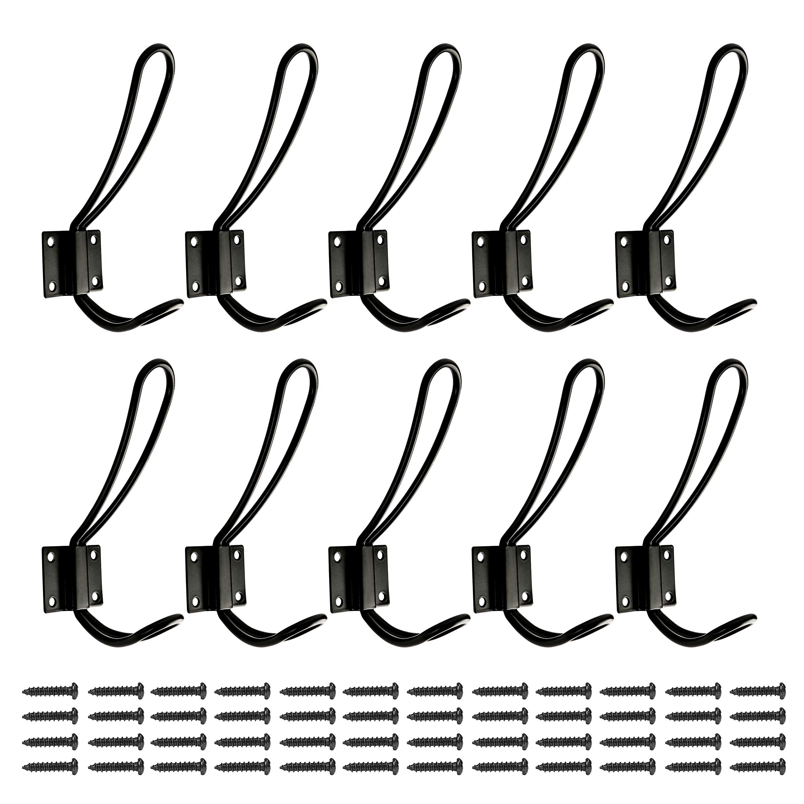 OUSHINAN Rustic Entryway Hooks | 10 Pack of Black Wall Mounted Vintage Double Coat Hangers with Large Metal Screws Included