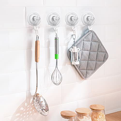 Suction Cup Hooks, BUDGET & GOOD Reusable Waterproof Shower Hook, 4Pcs Vacuum Suction Hooks - Razor Holder - Wreath Hook - Multi-Use for Bathroom Kitchen Office, Storage & Organization for Accessories