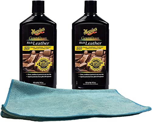 Meguiar's Gold Class Rich Leather Cleaner & Conditioner (14 oz.) Bundle with Microfiber Cloth (3 Items)