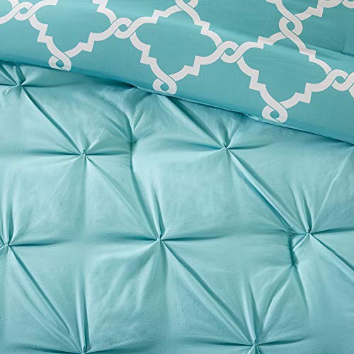 Madison Park Essentials Kasey Cozy Comforter Set - Fretwork Design, All Season Bedding with Matching Shams, Decorative Pillow, Queen (90in x 90 in), Diamond Aqua Comforter 5 Piece