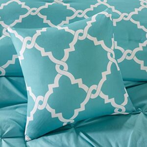 Madison Park Essentials Kasey Cozy Comforter Set - Fretwork Design, All Season Bedding with Matching Shams, Decorative Pillow, Queen (90in x 90 in), Diamond Aqua Comforter 5 Piece