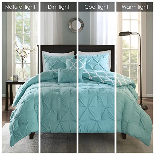 Madison Park Essentials Kasey Cozy Comforter Set - Fretwork Design, All Season Bedding with Matching Shams, Decorative Pillow, Queen (90in x 90 in), Diamond Aqua Comforter 5 Piece