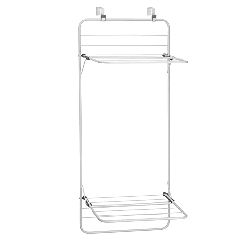 mDesign Steel Collapsible Over The Door, Hanging Laundry Dry Rack Clothes Organizer, 2 Tiers - for Indoor Air-Drying Clothing, Towels, Lingerie, Hosiery, Delicates - Folds Compact - White/Gray