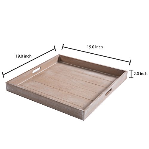 MyGift Rustic Brown Wood Large Ottoman Tray with Handles, 19 x 19 inch Decorative Serving Tray for Breakfast in Bed, Tea, Coffee
