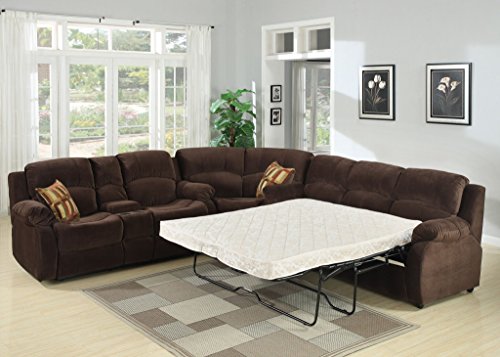 AC Pacific Tracey Collection Contemporary 3-Piece Tufted Living Room Set with Sectional, Queen Sofa Bed, and Reclining Loveseat with Storage Console and Cup Holders, Chocolate