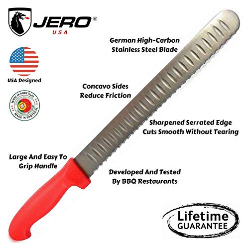 Jero Pitmaster Series Serrated Concavo Slicer - Wide 12" Granton Serrated Edge Blade - Manufactured From German High-Carbon Stainless Steel - Ergonomic Easy Grip Polymer Handle - Ultimate Meat Slicer