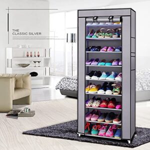 SoSo-BanTian1989 Grey 10 Tiers Metal Tube Frame Shoe Rack with Dustproof Cover, 27 Pairs Shoes Cabinet Closet Storage Organizer Tower Shelf