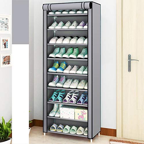 SoSo-BanTian1989 Grey 10 Tiers Metal Tube Frame Shoe Rack with Dustproof Cover, 27 Pairs Shoes Cabinet Closet Storage Organizer Tower Shelf