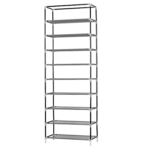 SoSo-BanTian1989 Grey 10 Tiers Metal Tube Frame Shoe Rack with Dustproof Cover, 27 Pairs Shoes Cabinet Closet Storage Organizer Tower Shelf