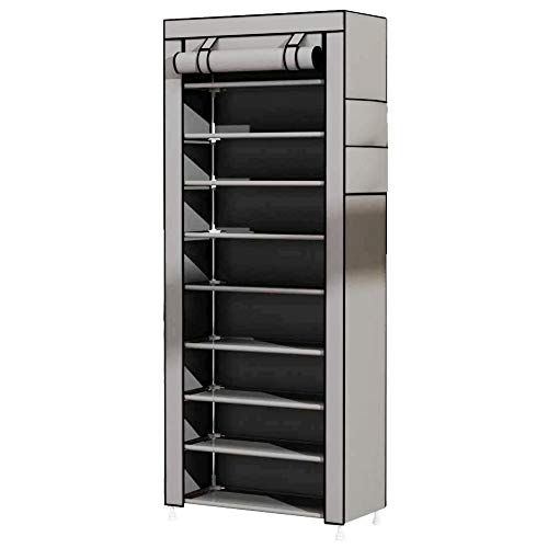 SoSo-BanTian1989 Grey 10 Tiers Metal Tube Frame Shoe Rack with Dustproof Cover, 27 Pairs Shoes Cabinet Closet Storage Organizer Tower Shelf