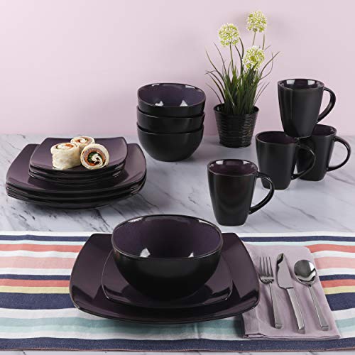 Gibson Soho Lounge Dinnerware set, Square, Purple, Service for 4 (16pcs)