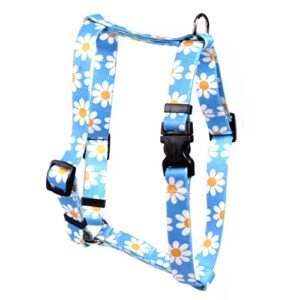 yellow dog design blue daisy roman style h dog harness, small/medium