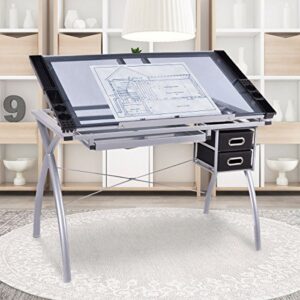 tangkula drafting table adjustable home office workstation glass top steel frame art craft station drawing desk (silver 002)