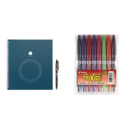 Rocketbook Wave Smart Notebook and Pilot FriXion Ball Erasable Gel Pens, Fine Point, 8-Pack Pouch, Black/Blue/Red/Pink/Purple/Orange/Lime/Brown Inks (31569) Bundle