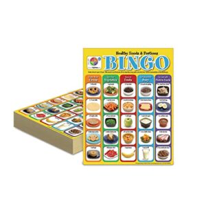 learning zone® my plate healthy food and portions bingo. colorful and fun bingo game for elementary-aged students. 30 laminated bingo cards measures 8-1/2” x 11”