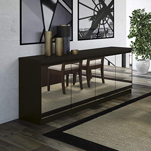 Manhattan Comfort Viennese Collection Mirrored Buffet Cabinet/Dining Console with Compartment Shelves, 62.99" Inches, Black Matte