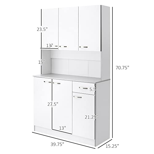 HOMCOM 71" Freestanding Buffet with Hutch, Kitchen Storage Cabinets, Pantry with 6 Doors, 3 Adjustable Shelves, and Drawer for Living Room, White