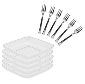 40 2.5" mini square dessert plates and 50 4" mini silver tasting forks. 90 piece tasting sampling dessert appetizer set. disposable plastic hors d'oeuvres combo set.