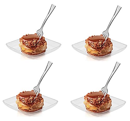 40 2.5" Mini Square Dessert Plates And 50 4" Mini Silver Tasting Forks. 90 Piece Tasting Sampling Dessert Appetizer Set. Disposable Plastic Hors D'oeuvres Combo Set.