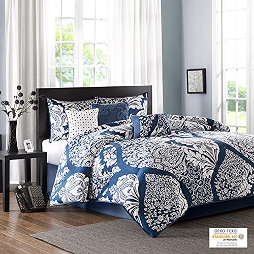 Madison Park Vienna Sateen Cotton Comforter Set, Breathable, Soft Cover, Trendy, All Season Down Alternative Cozy Bedding with Matching Shams, King, Indigo 7 Piece