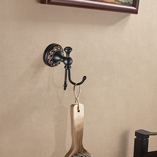 Leyden Oil Rubbed Bronze Towel Hooks, Antique Robe Hooks Brass Coat Double Clothes Hanger for Bathroom