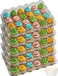 decony 24 compartment cupcake containers plastic disposable cupcake boxes muffin carrier - great for high topping - 5 pc. - 24 slot each - plus white standard size baking cups.