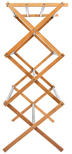 BIRDROCK HOME Folding Steel Clothes Drying Rack - 3 Tier - Water-Resistant Bamboo Wood - Fully Assembled Collapsible Dry Rack - Walnut (Brown)