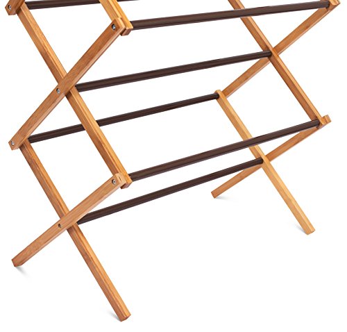BIRDROCK HOME Folding Steel Clothes Drying Rack - 3 Tier - Water-Resistant Bamboo Wood - Fully Assembled Collapsible Dry Rack - Walnut (Brown)