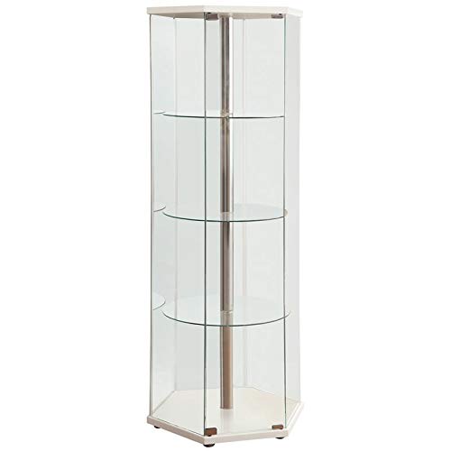 BOWERY HILL Hexagonal Round Corner 4 Shelf Glass Curio Cabinet Display Case in White and Chrome