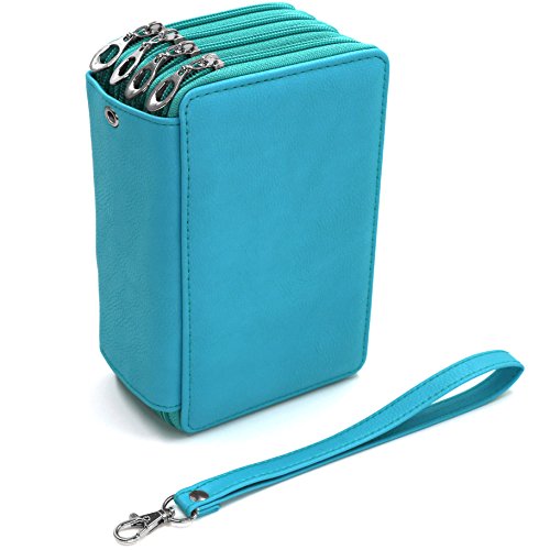 YOUSHARES 72 Slots Pencil Case - PU Leather Handy Multi-layer Large Zipper Pen Bag with Handle Strap for Colored / Watercolor Pencil (Turquoise)