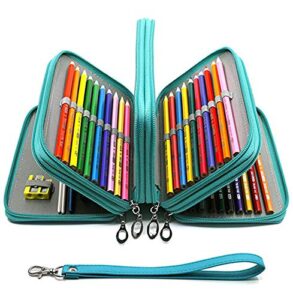 youshares 72 slots pencil case - pu leather handy multi-layer large zipper pen bag with handle strap for colored / watercolor pencil (turquoise)