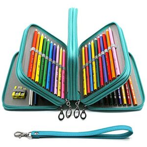 YOUSHARES 72 Slots Pencil Case - PU Leather Handy Multi-layer Large Zipper Pen Bag with Handle Strap for Colored / Watercolor Pencil (Turquoise)